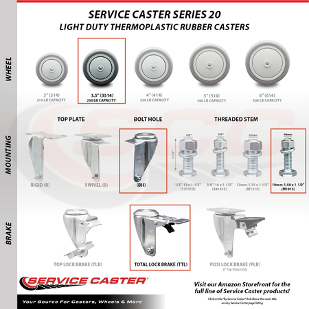 Service Caster 3.5 Inch SS Thermoplastic Rubber 10mm Threaded Stem Caster Total Lock Brake SCC-SSTSTTL20S3514-TPRB-M1015